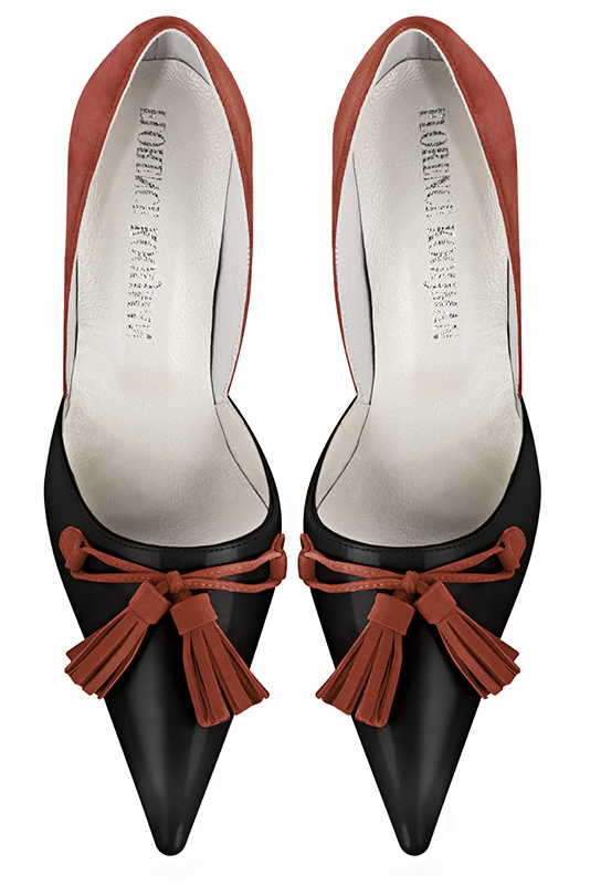Satin black and terracotta orange women's open arch dress pumps. Pointed toe. High slim heel. Top view - Florence KOOIJMAN